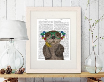 Otter art - Otter flower glasses - Otter print Otter poster Otter illustration Otter painting Funny animal art print Cute animal wall decor