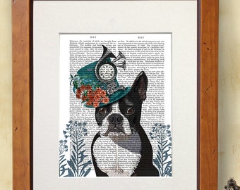 Boston Terrier Print - Milliners Dog Print - Boston Terrier art Whimsical dog art gift for dog lovers Living room decor family room wall art