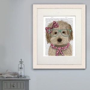 Labradoodle cute gift - Labradoodle cream glasses and scarf - Doodle dog picture Labradoodle print Girlfriend gift idea Mom dog gift Dog art