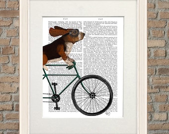 Stampa artistica di un bassotto in bicicletta – Pagina di un libro antico di FabFunky