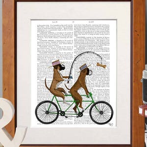 Boxer lover gift -  Boxer on tandem - Box dog art Boxer dog Bicycle tandem Bicycling Bike lover gift Bike tandem  Cycling Dog print poster