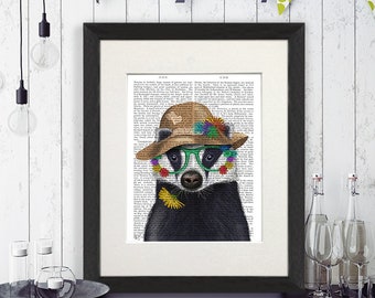 Whimsical Badger Art Print – British Wildlife with Flower Glasses