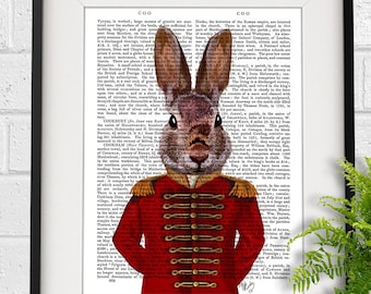 Rabbit Decor Rabbit Art Military Rabbit in Red whimsical animal print woodland critter woodland animal print gift for husband boyfriend dad