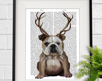 Bulldog gift - English Bulldog with Antlers - funny home decor funny fabfunky print wall art uk seller only uk shop dog art print