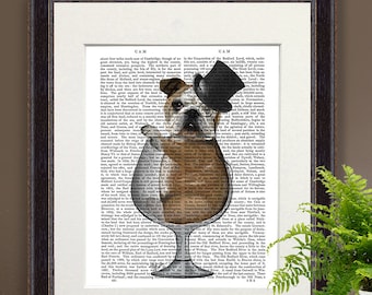 Bulldog gift - English Bulldog in Brandy Glass - funny home decor funny fabfunky print wall art uk seller only uk shop dog art print