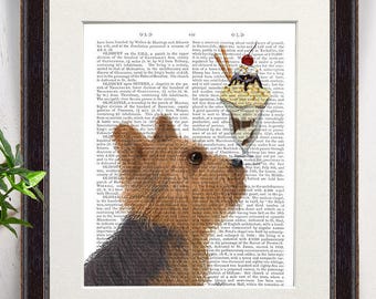 Yorkie Terrier Art Print – Ice Cream Dog on Antiquarian Book Page