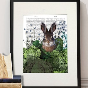 May include: A brown rabbit with long ears peeks out from behind a bed of green leafy plants. The rabbit is surrounded by small blue flowers and green stems. The background is a page of text.