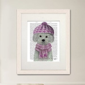 Bichon painting - Bichon frise in pink bobble hat - Bichon gift Bichon frise print Cute dog gift Dog gift for girlfriend Dog nursery decor