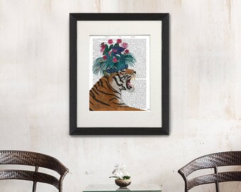 Tigertryck - Tigerväxthus 1 - Tigerdekor Tigerväggkonst Tigergåva Djungeldjurstryck Tropisk rumsdekor Tropiska blommor Bladdekor