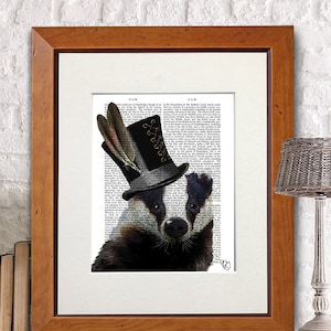 Badger Art Print - Steampunk Badger Top Hat - badger print funny home décor Country house decor Woodland Nursery décor Woodland Critter Art
