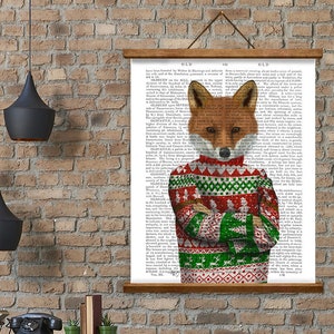 Rustic home decor - Fox in christmas sweater - Fathers day gift Cabin print Christmas gift Winter decor Rustic log cabin art Woodsy wall art