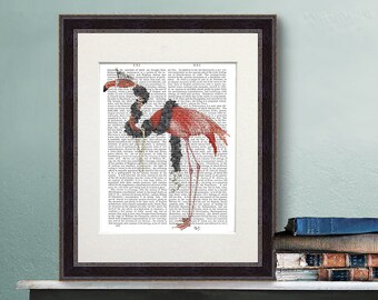 Poster hanger - Flamingo and pearls full - Large art print Bird painting Pink flamingo art print Cute gift for friend Fantasy art pictures