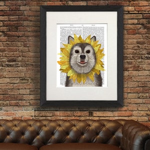 Husky lover gift - Husky sunflower- Husky wall art Siberian husky print Husky dog artwork Dog humour Dog nursery art Dog painting for kids