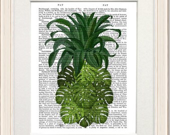 Pineapple monstera, Leaf print, Monstera leaves, Botanical wall art, Tropical art print, Green leaf painting, Dictionary print, Beach decor