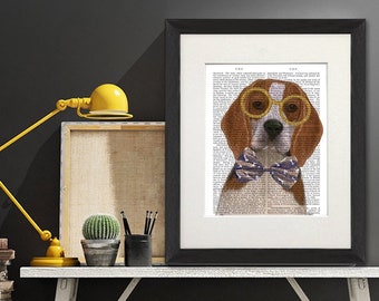 Beagle dog print - Beagle with glasses and bowtie - Beagle wall art Beagle gift Cute dog print Funny dog poster Dog gift for husband Dog art