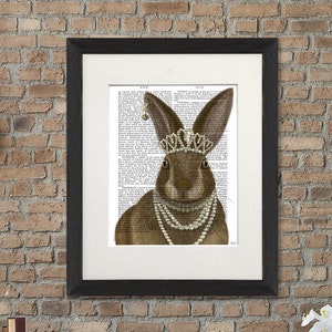 Bunny gift - Rabbit and pearls portrait - Rabbit print Hare print Rabbit nursery Woodland nursery art Bunny print Bunny art Rabbit poster