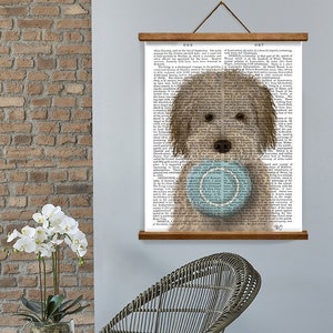 Kitchen wall decor - Labradoodle cream with food bowl - Dining room art Doodle gift for dog owner home decoration cute puppy poster hanger