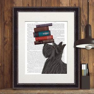 Schotse Terriër met boeken, Scottie hond, Schotse kunst, home decor, canvas kunst, boekliefhebber cadeau, boek nerd cadeau, scotty hond print groot canvas