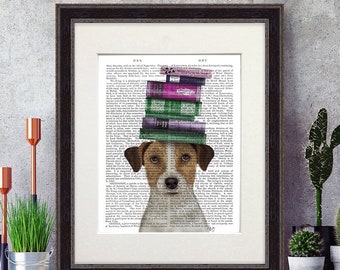 Jack Russell Terrier Print – Dog with Books, Antiquarian Art