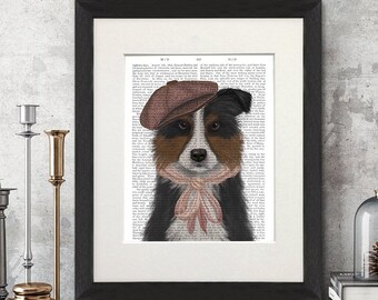 Border Collie Print - Dog with Hat and Scarf on Antiquarian Book Page
