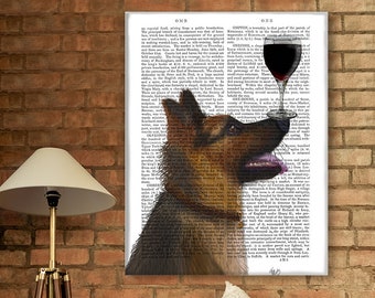 Wine gifts for dad - German shepherd Dog Au Vin - Wine tasting Home bar decoration Dog art prints Funny dog decor Large canvas art Cute dog