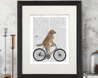 Retriever dog print - Golden retriever on bicycle - Retriever owner gift Golden retriever art Unique dog gift Dog wall art decor Dog poster