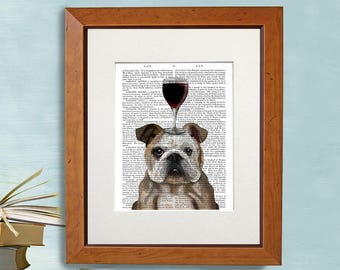 Bulldog with Wine Glass Print – Funny Dog Art on Antiquarian Book Page