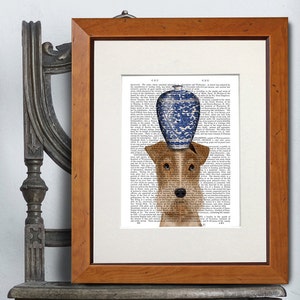 Wire Fox Terrier Art Print - Blue & white Vase - gift for fox terrier lover gift fox terrier print illustration dog lover gift wall decor