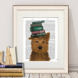 Yorkie dog print - Yorkshire terrier with books - Yorkie wall art Terrier gift Small dog print Cute dog decor Dog painting Dog lover gift
