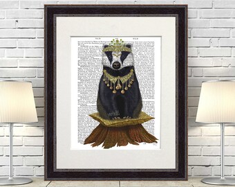 Office decor ideas - Badger with tiara full - Cool office gifts Gift for husband Boho wall art decor British nature art Cabin decor rustic