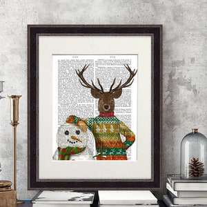 Winter decor - Deer in christmas sweater with snowman - Christmas decor Ski decor Skiing art Cabin decor Ski lodge decor Christmas gift