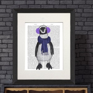 Penguin poster - Penguin in ear muffs - Penguin art Penguin illustration Bird decor Gift for her Birthday gift Cute animal art Framed prints