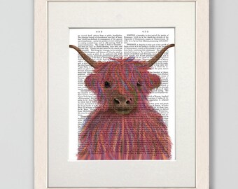 Roze hooglandkoe portretkunstprint, decoratie kinderkamer