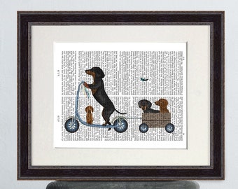 Doxie lover gift - Dachshund on scooter - Doxie dog art Dachshund print Dog canvas art Cute puppy wall art Dog mommy gift Prints of dog