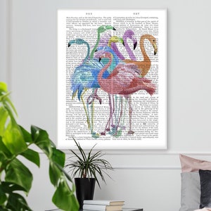 Flamingo canvas print - Flamingo Multicolored 1 - Colorful canvas art Living room decor Tropical theme Bird painting Group of birds Uk shop