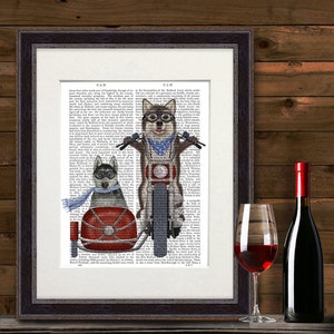 Husky dog gift - Husky chopper and sidecar - Husky print Siberian husky art Husky dog lover Dog couple gift Dog humour print Dog poster gift