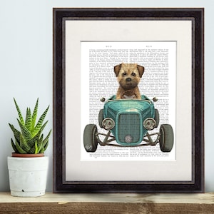 Border Terrier Dog Art Print in Hot Rod Car, Auto Shop Poster, Funny Dog in Vintage Style Custom Classic Car Print Garage Wall Art Decor