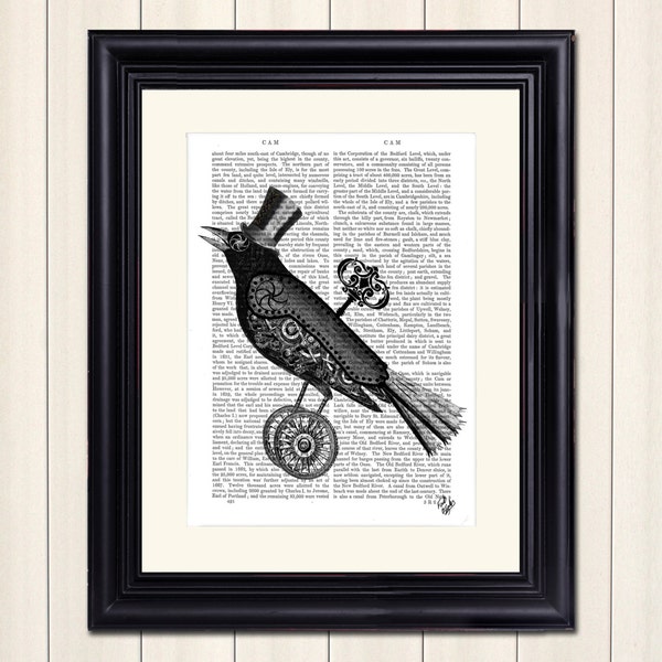 Steampunk Crow Art Print, wall art wall decor upcycled pagina del libro del dizionario riciclato, Rook Raven Steampunk Bird Top Hat