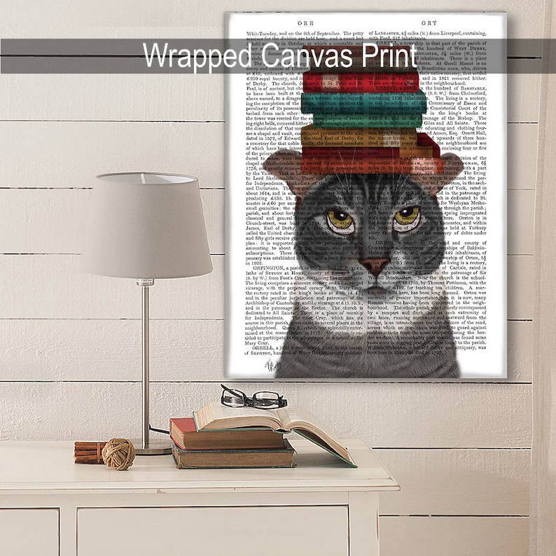 Grey Cat Books on Head - Cat Print Cat Art Gift for Bookworm Gift Book ...
