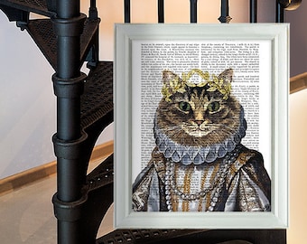 Funny Cat poster - Cat Queen - cat decor cat illustration cat picture gift for cat lover tabby cat print funny cat art cat portrait cat gift