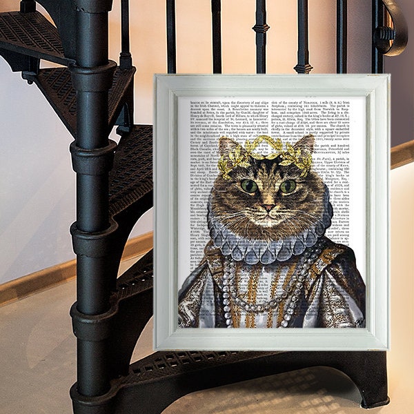 Cat Queen Art Print – Funny Tabby Cat Portrait on Antiquarian Book Page