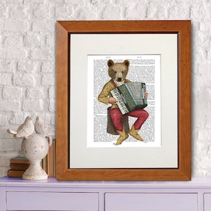 Bear art Print Bear minstrel Bear print bear and accordian woodland animal nursery print Cute animal art for kids rooms Bear nursery art