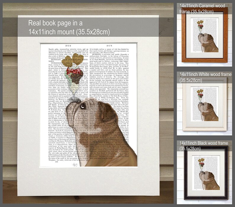 May include: A framed print featuring a bulldog with a whimsical ice cream cone on its nose. The artwork is set against a vintage book page background and is available in a 14x11 inch (35.5x28cm) mount with caramel, white, or black wood frames.
