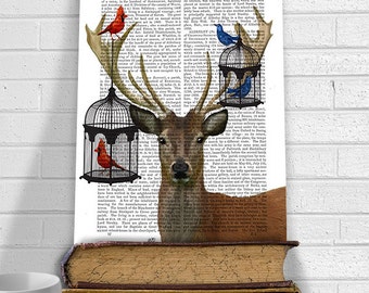 Deer and Bird Cages, Deer Illustration Wall Art Wall Decor Deer Print Giclee Print Acrylic Painting Wildflife Print