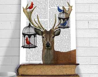 Hirschgeweih Vogelkäfig Giclée Druck, Wildtier Illustration Wandkunst