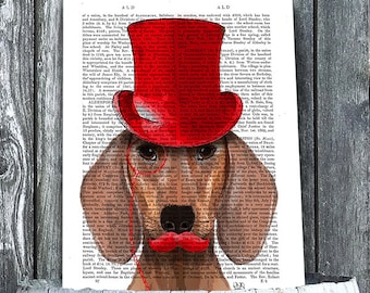 Red Dachshund Art Print Red Top Hat - wiener dog print cute childrens wall art gift for husband dog Mustache Art red room decor red wall art