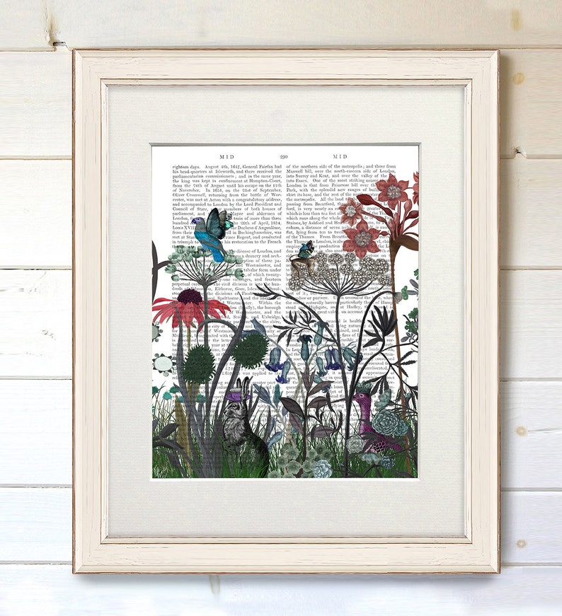 Lapin art Fleur jardin décoration murale Pays thème chambre imprimé floral papillons lapin cadeau ferme art Page de livre - Fleur sauvage lapin image 9