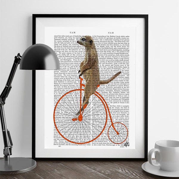 Meerkat on Orange Penny Farthing Digital Print Poster Animal wall art wall decor Wall Hanging Cyclist Vintage bike