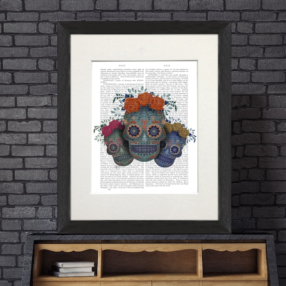 Sugar Skull Wall Art, Day of the dead, Trio of Skulls, Sugar skull art print, Mexican skull art, Gothic decor, Tattoo design, Flower skull