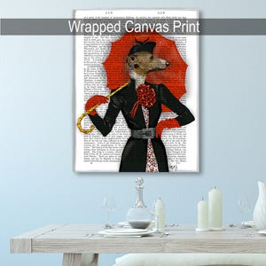 May include: A whimsical illustration of a dog dressed in a black coat and red hat, holding a red umbrella. The background is a vintage book page with black text.
